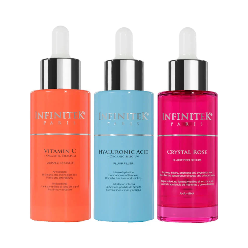 perfect trio kit infinitek paris serum vitamin c, hyaluronic acid and crystal rose designed to prevent, combat, and reduce skin blemishes